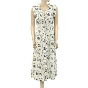 Sea New York Floral Printed Midi Dress Buttondown Ivory Ruffle Bohemian S